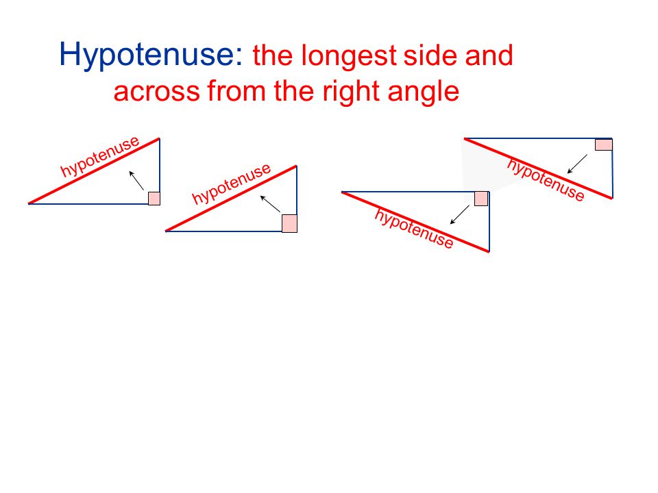 Hypotenuse: the longest side and across from the right angle