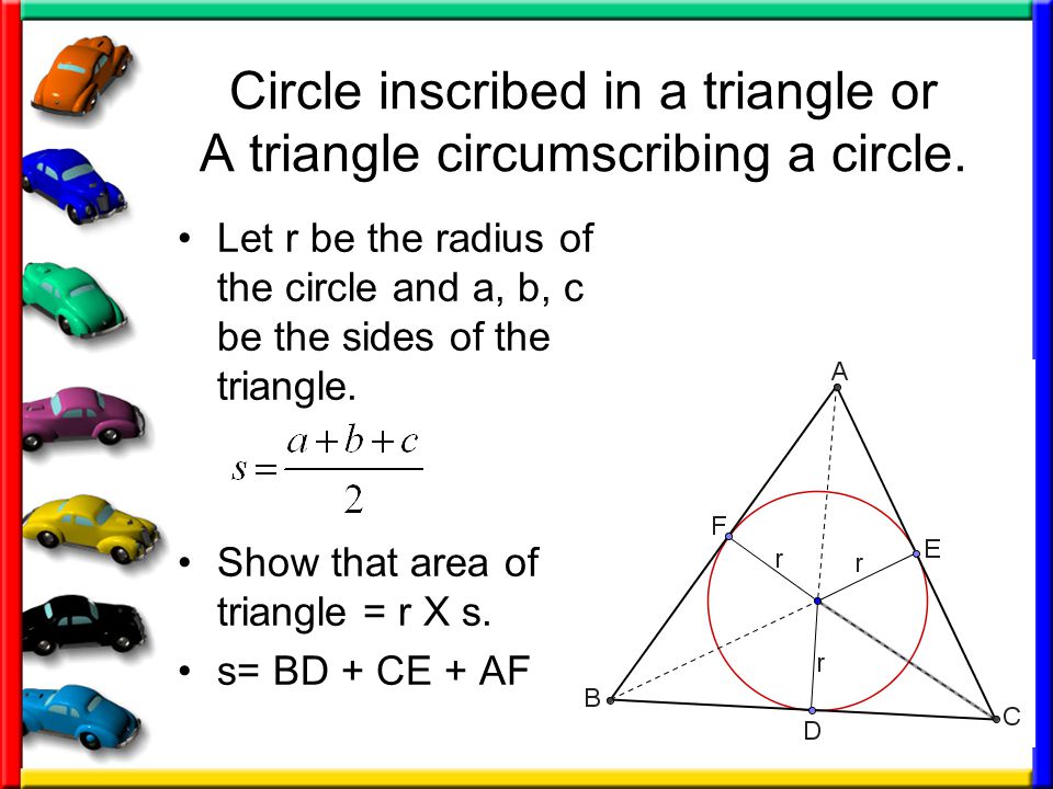 Circle inscribed in a triangle or A triangle circumscribing a circle.