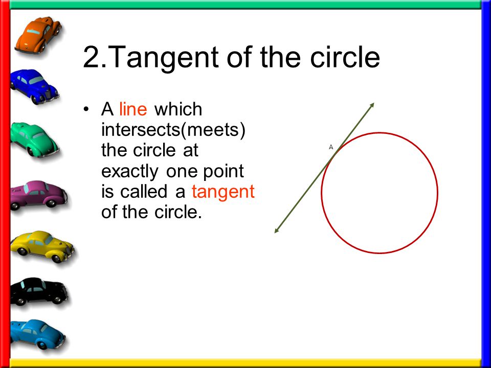 2.Tangent of the circle A line which intersects(meets) the circle at exactly one point is called a tangent of the circle.