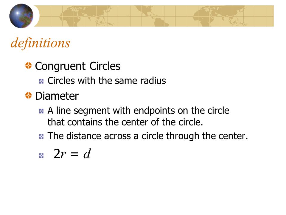 definitions Congruent Circles Diameter Circles with the same radius