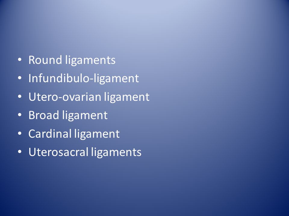 Ligaments Round ligaments Infundibulo-ligament Utero-ovarian ligament