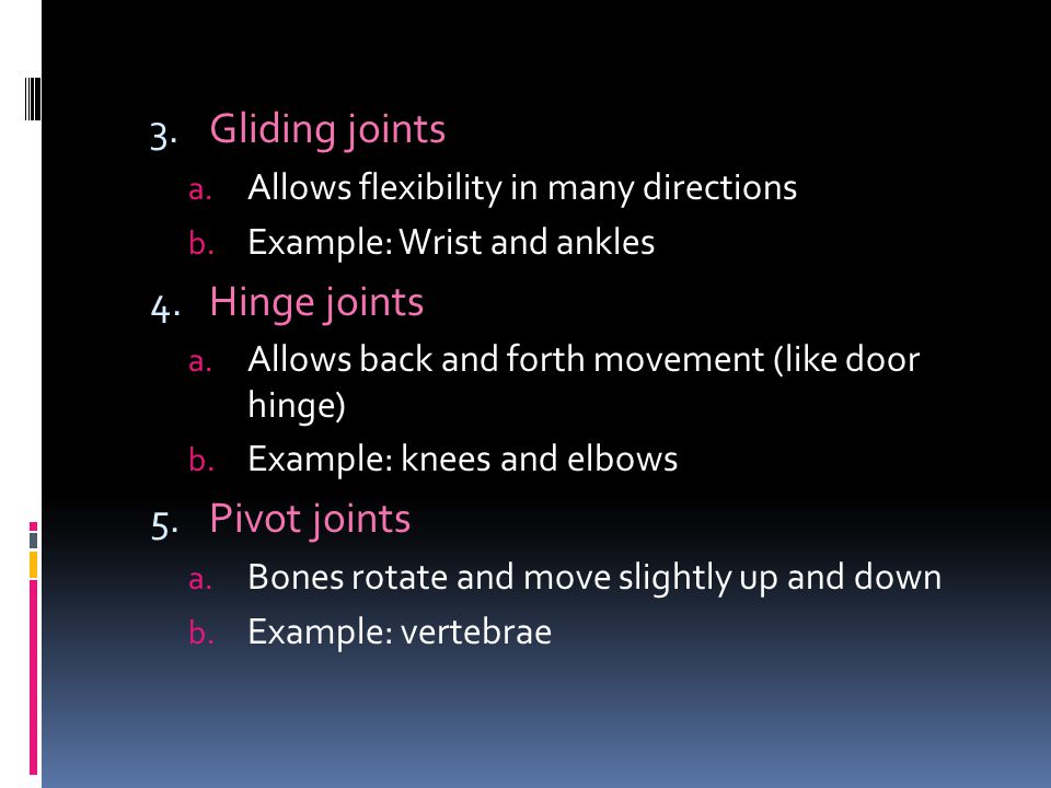 Gliding joints Hinge joints Pivot joints