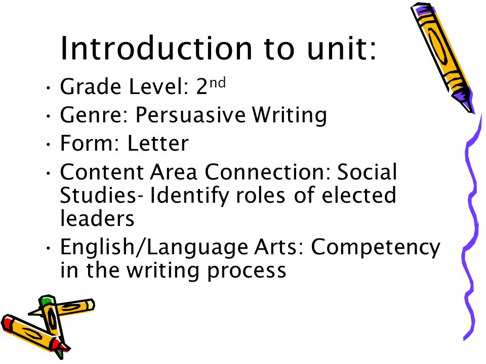 Introduction to unit: Grade Level: 2nd Genre: Persuasive Writing