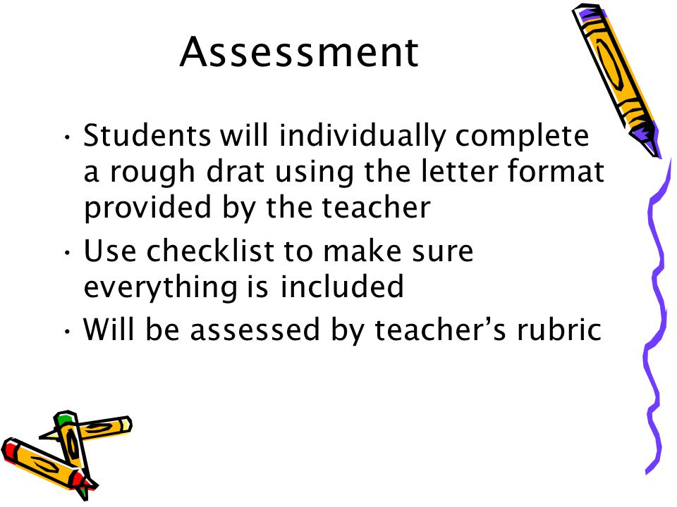 Assessment Students will individually complete a rough drat using the letter format provided by the teacher.