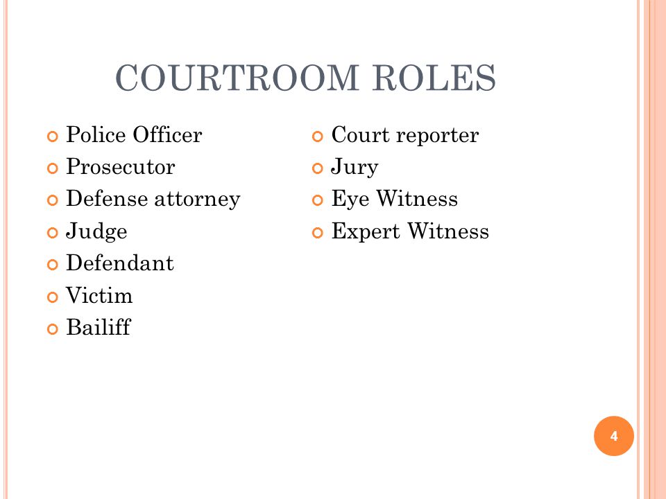 courtroom roles Police Officer Court reporter Prosecutor Jury