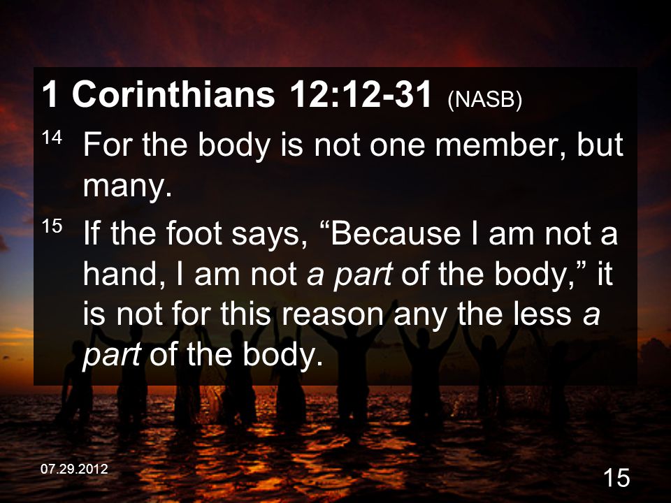 1 Corinthians 12:12-31 (NASB) 14 For the body is not one member, but many.