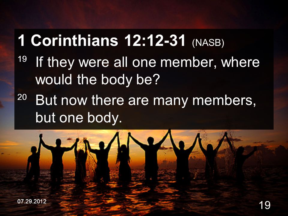 1 Corinthians 12:12-31 (NASB) 19 If they were all one member, where would the body be 20 But now there are many members, but one body.
