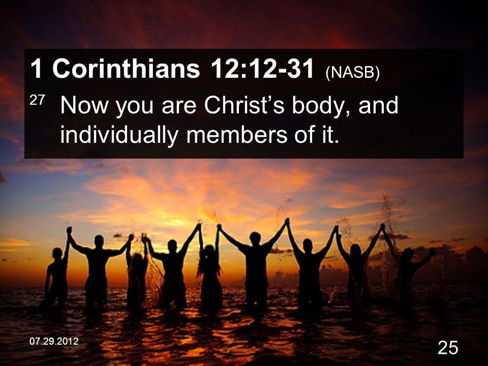 1 Corinthians 12:12-31 (NASB) 27 Now you are Christ’s body, and individually members of it.