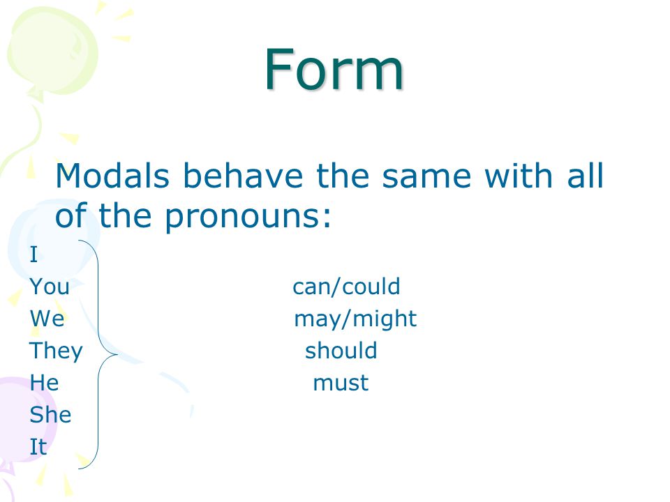 Form Modals behave the same with all of the pronouns: I You can/could
