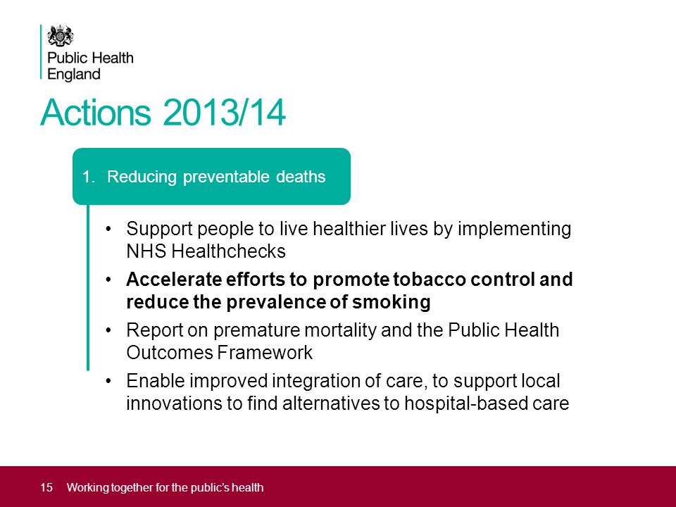 Actions 2013/14 Reducing preventable deaths. Support people to live healthier lives by implementing NHS Healthchecks.