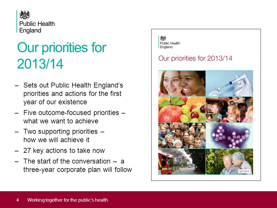 Our priorities for 2013/14 Sets out Public Health England’s priorities and actions for the first year of our existence.