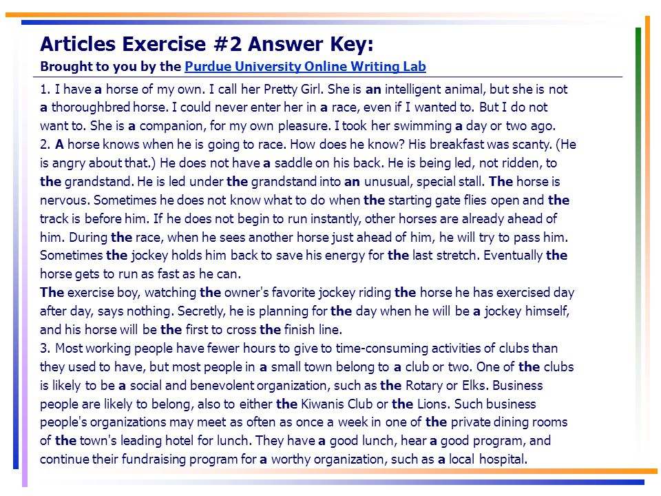Articles Exercise #2 Answer Key: