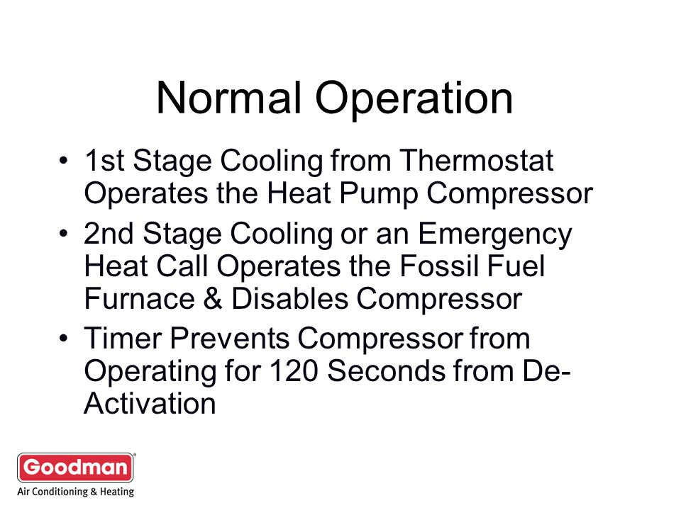 Normal Operation 1st Stage Cooling from Thermostat Operates the Heat Pump Compressor.