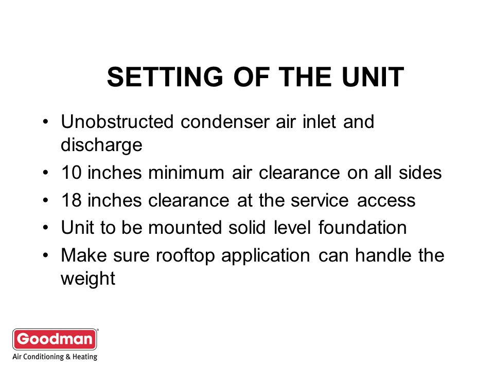 SETTING OF THE UNIT Unobstructed condenser air inlet and discharge