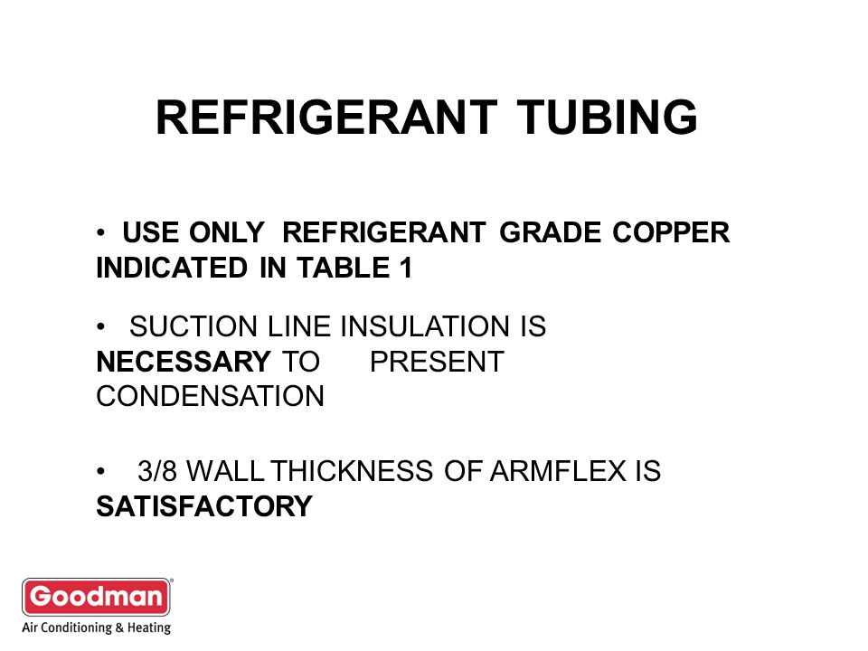 REFRIGERANT TUBING USE ONLY REFRIGERANT GRADE COPPER INDICATED IN TABLE 1. SUCTION LINE INSULATION IS NECESSARY TO PRESENT CONDENSATION.