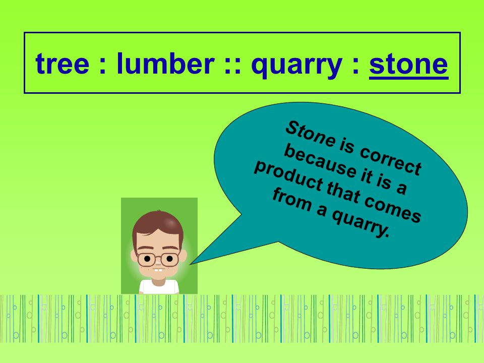 tree : lumber :: quarry : stone