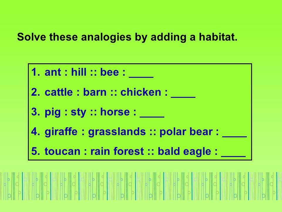 Solve these analogies by adding a habitat.
