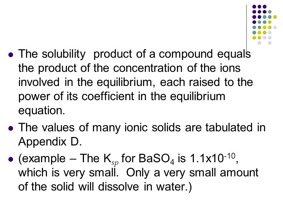 The solubility product of a compound equals the product of the concentration of the ions involved in the equilibrium, each raised to the power of its coefficient in the equilibrium equation.