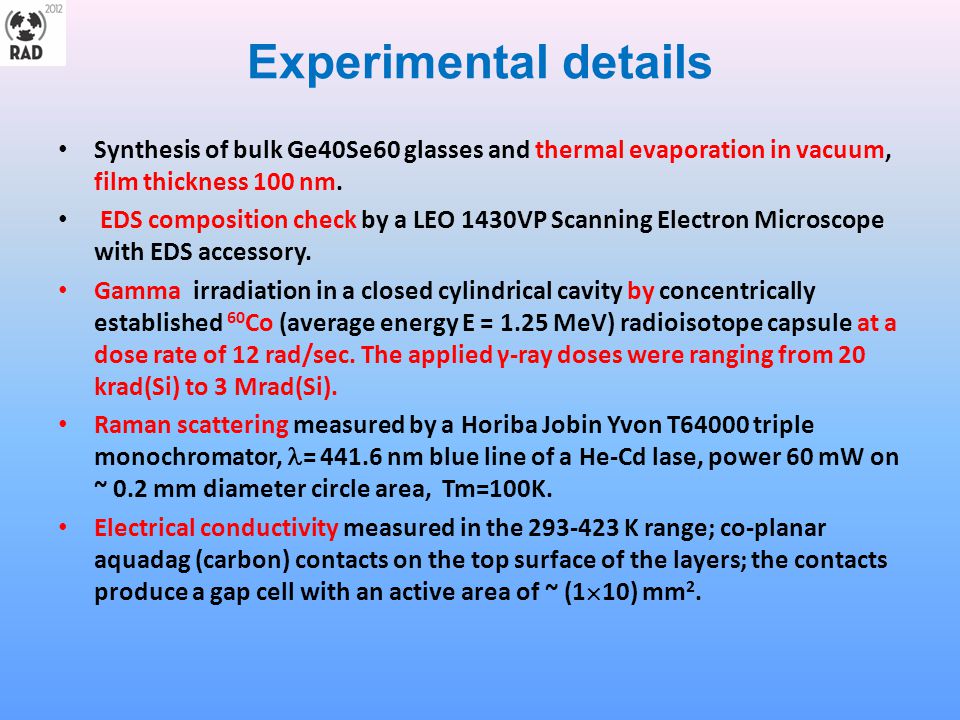 Experimental details Synthesis of bulk Ge40Se60 glasses and thermal evaporation in vacuum, film thickness 100 nm.
