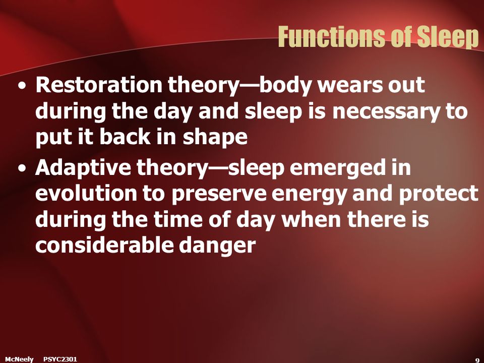 Functions of Sleep Restoration theory—body wears out during the day and sleep is necessary to put it back in shape.