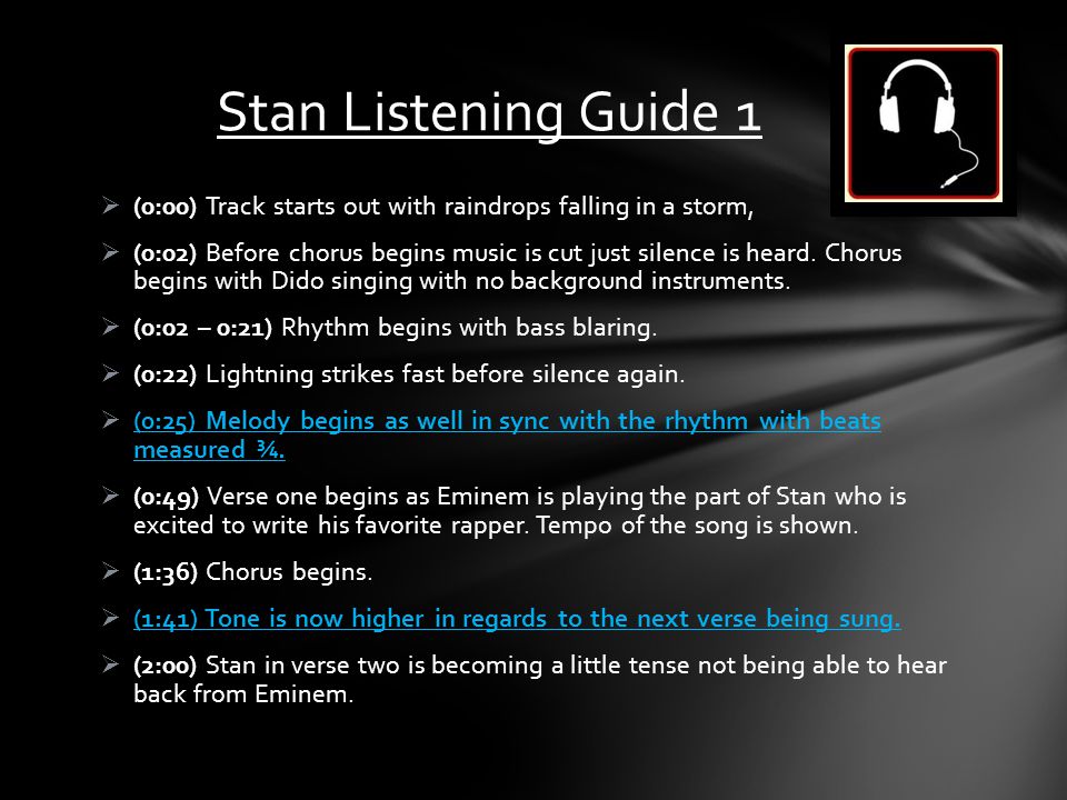 Stan Listening Guide 1 (0:00) Track starts out with raindrops falling in a storm,