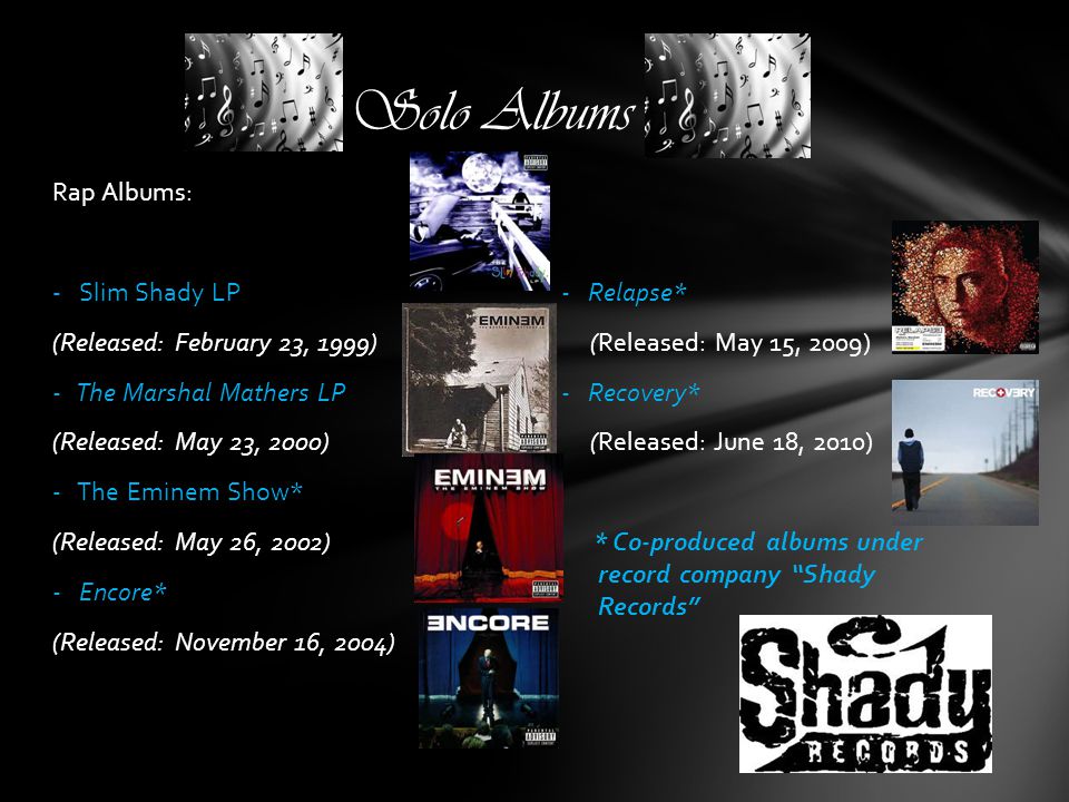 Solo Albums Rap Albums: - Slim Shady LP - Relapse*