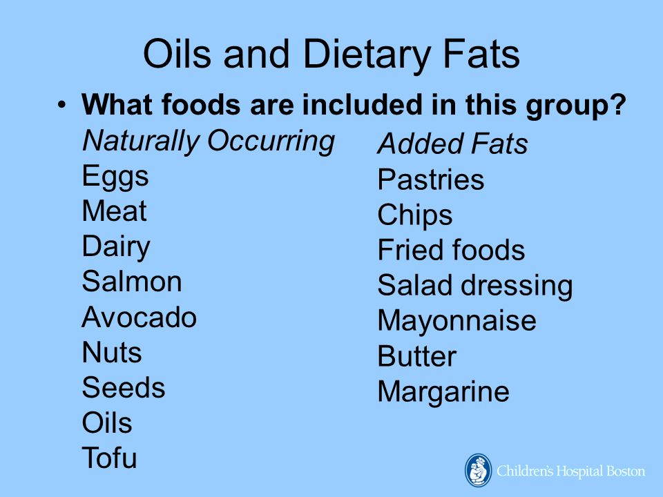 Oils and Dietary Fats What foods are included in this group Naturally Occurring Eggs Meat Dairy Salmon Avocado Nuts Seeds Oils Tofu.