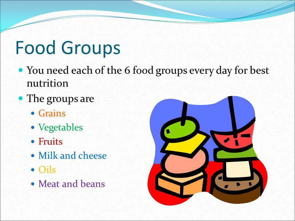 Food Groups You need each of the 6 food groups every day for best nutrition. The groups are. Grains.