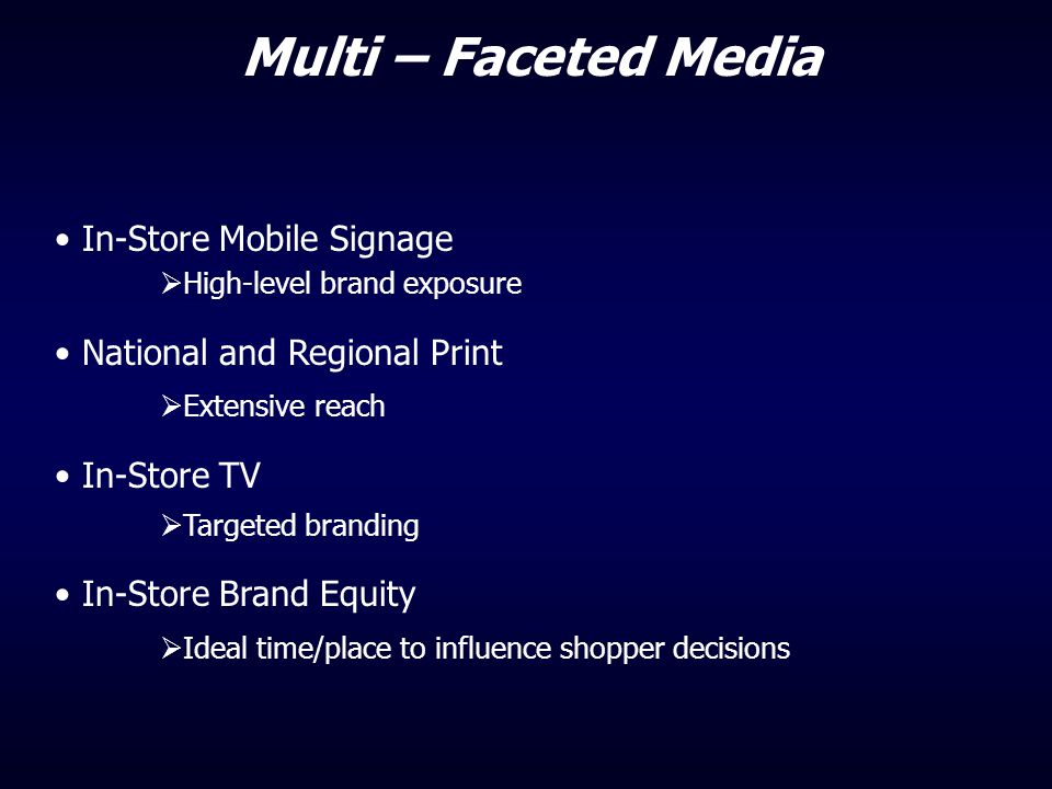 Multi – Faceted Media In-Store Mobile Signage