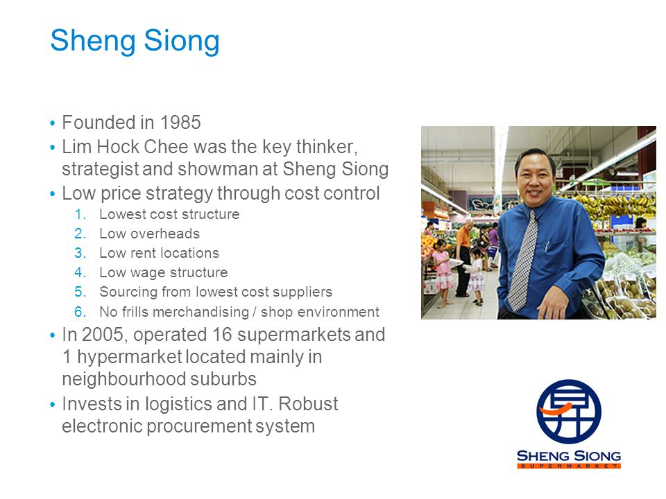 Sheng Siong Founded in Lim Hock Chee was the key thinker, strategist and showman at Sheng Siong.