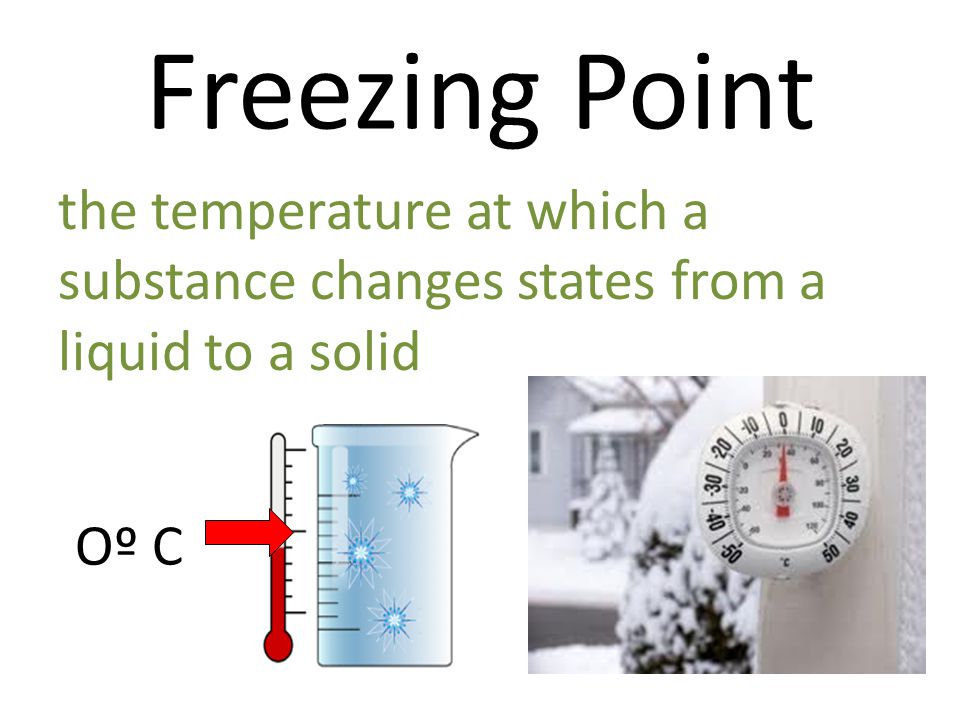 Freezing Point the temperature at which a substance changes states from a liquid to a solid Oº C