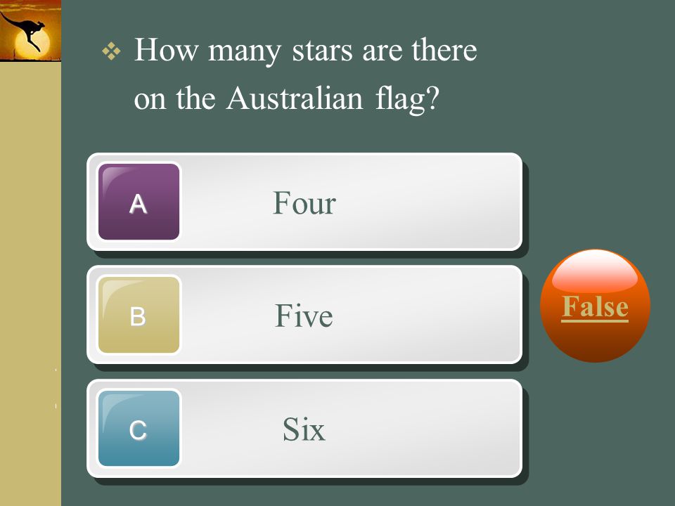 on the Australian flag Four Five Six False How many stars are there A
