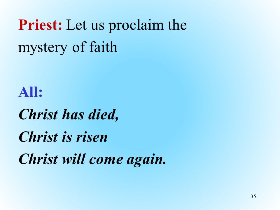 Priest: Let us proclaim the mystery of faith All: Christ has died, Christ is risen Christ will come again.