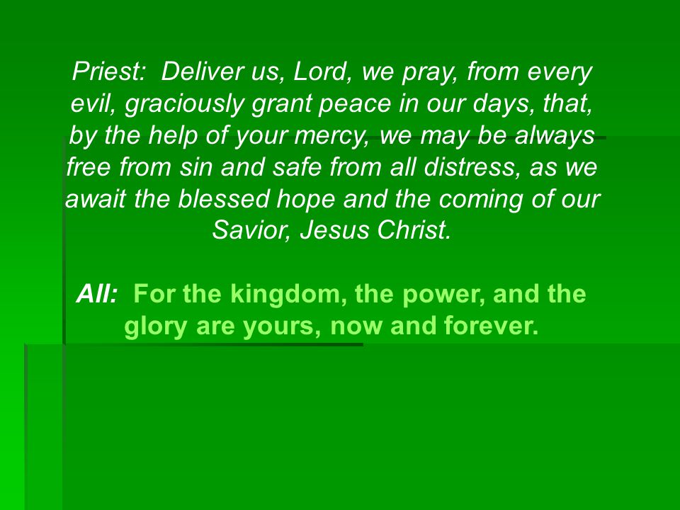 Priest: Deliver us, Lord, we pray, from every evil, graciously grant peace in our days, that, by the help of your mercy, we may be always free from sin and safe from all distress, as we await the blessed hope and the coming of our Savior, Jesus Christ.