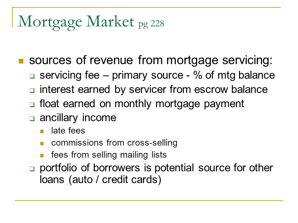 Mortgage Market pg 228 sources of revenue from mortgage servicing: