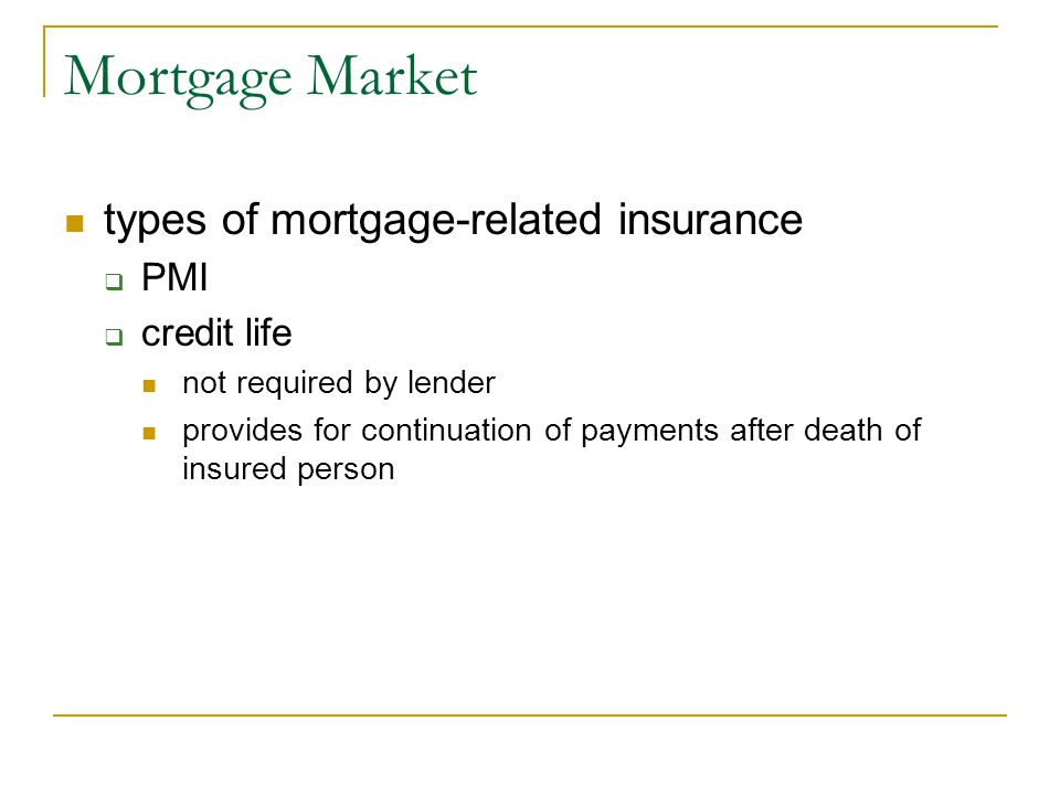 Mortgage Market types of mortgage-related insurance PMI credit life