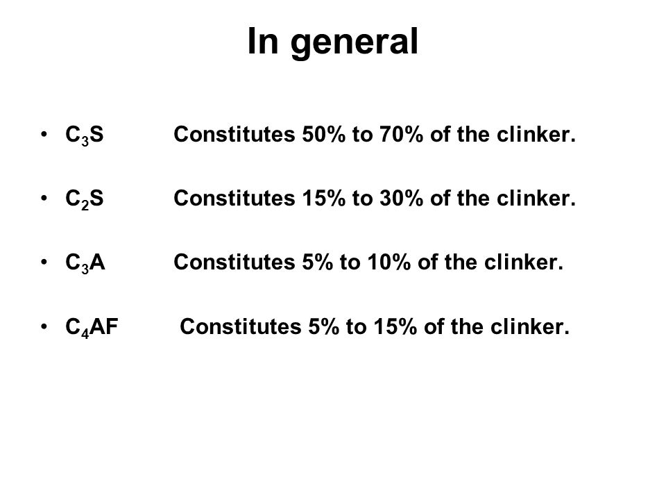 In general C3S Constitutes 50% to 70% of the clinker.