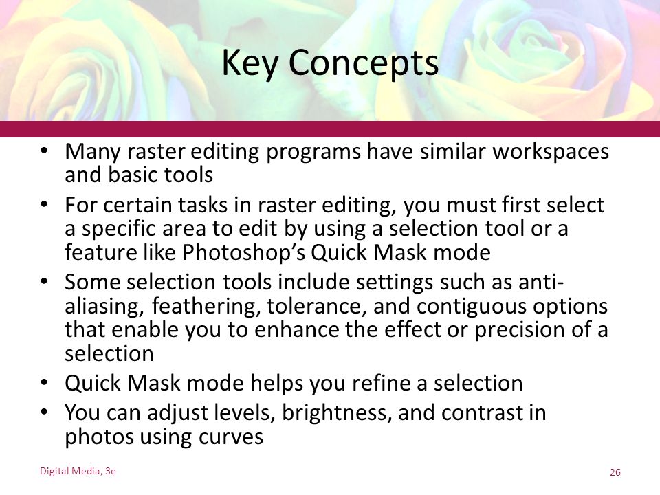 Key Concepts Many raster editing programs have similar workspaces and basic tools.