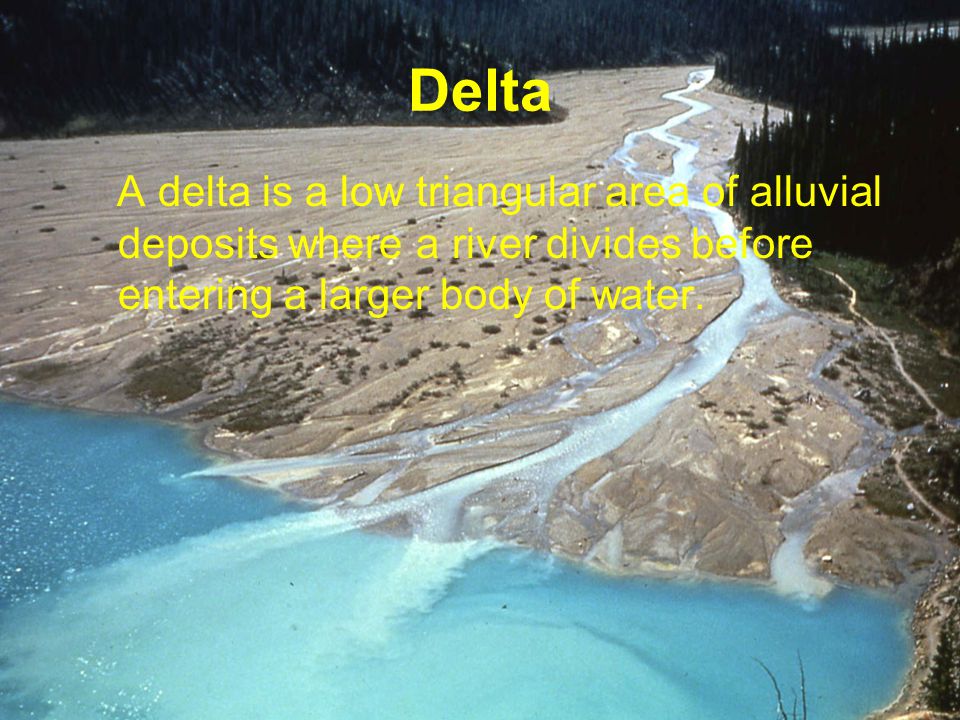 Delta A delta is a low triangular area of alluvial deposits where a river divides before entering a larger body of water.