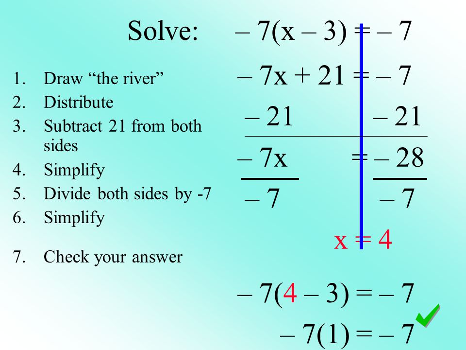 Solve: – 7(x – 3) = – 7 – 7x + 21 = – 7 – 21 – 21 – 7x = – 28 – 7 – 7