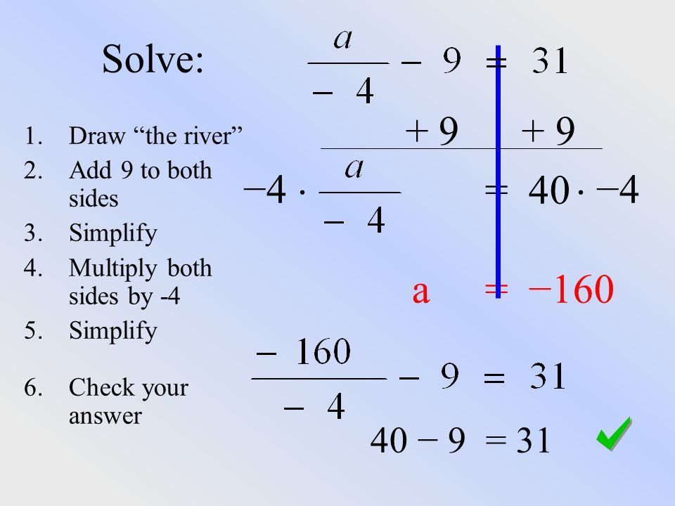 Solve: = 40 −4   −4 a = − − 9 = 31 Draw the river