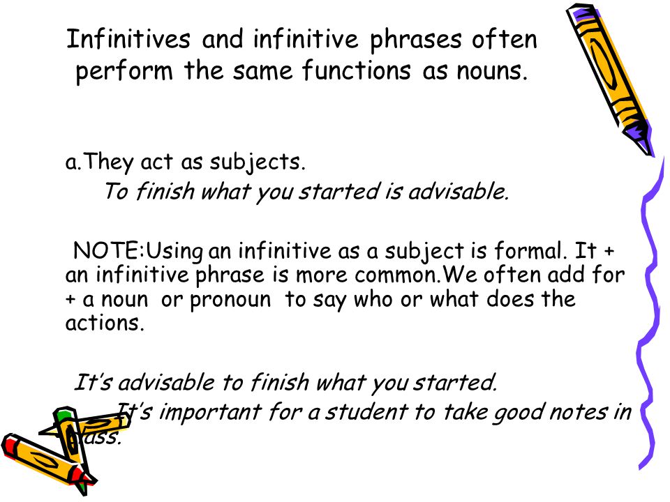 Infinitives and infinitive phrases often perform the same functions as nouns.