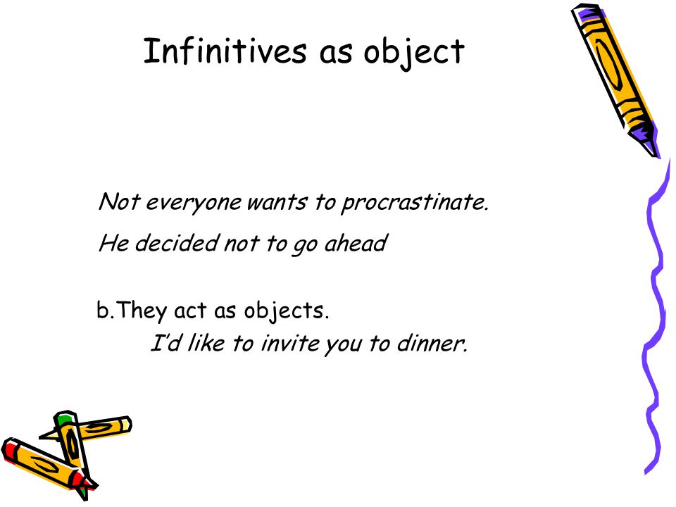 Infinitives as object Not everyone wants to procrastinate.