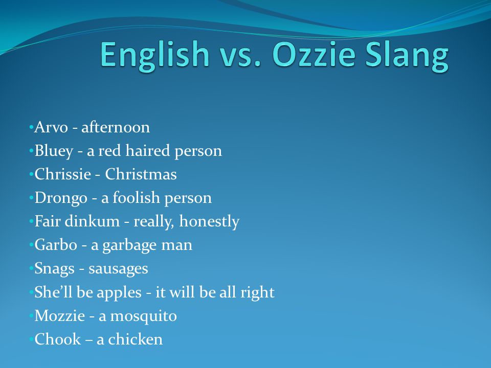 English vs. Ozzie Slang Arvo - afternoon Bluey - a red haired person