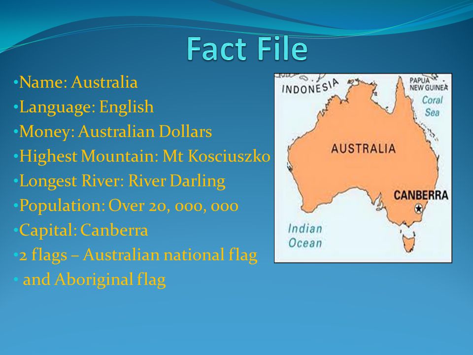 Fact File Name: Australia Language: English Money: Australian Dollars