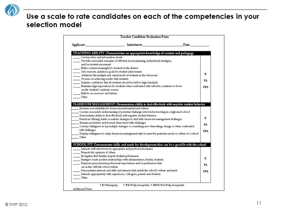 Use a scale to rate candidates on each of the competencies in your selection model