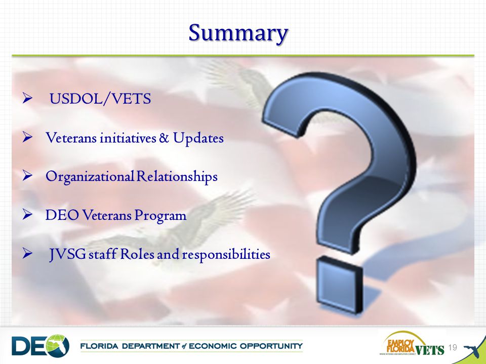 Summary USDOL/VETS Veterans initiatives & Updates