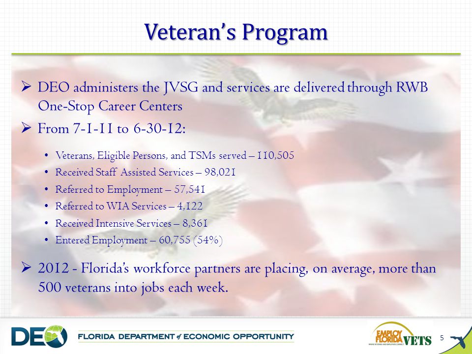 Veteran’s Program DEO administers the JVSG and services are delivered through RWB One-Stop Career Centers.