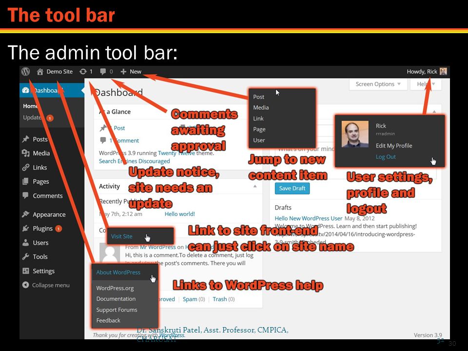 The tool bar The admin tool bar: