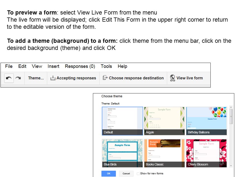 To preview a form: select View Live Form from the menu
